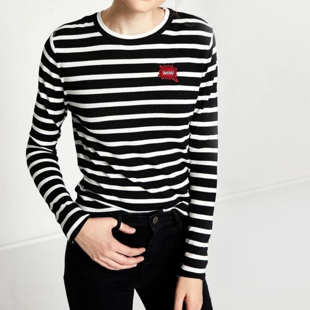 🖤3/$20 Forever 21 Striped "Wow" Patchwork Long Sleeve Top Black & White